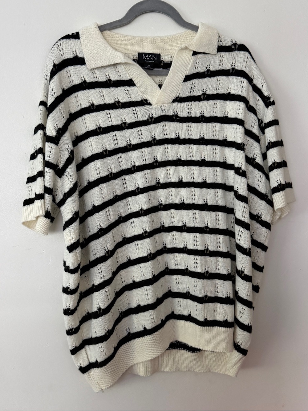 Boohoo Man Black & White Striped Open-Knit Polo Top